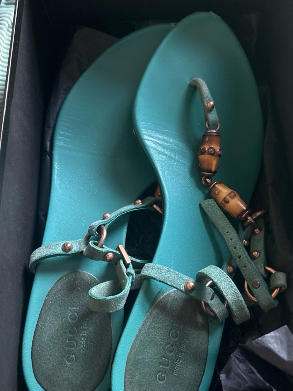 Gucci Teal Suede Women's Sandals with Gold-Tone Detail